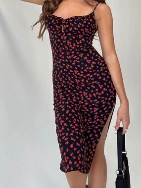 Princess Polly Black Midi Dress with Red Floral Print